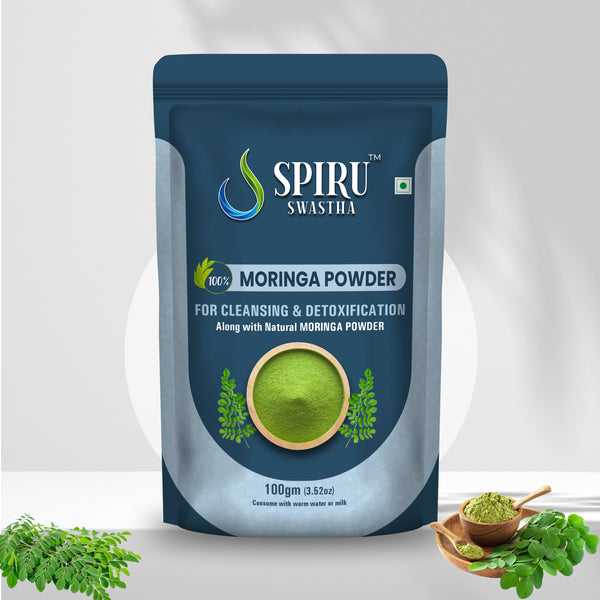 SpiruSwastha Natural Moringa Leaf Powder pouch displayed with a bowl of vibrant green powder and fresh moringa leaves, highlighting its natural source.