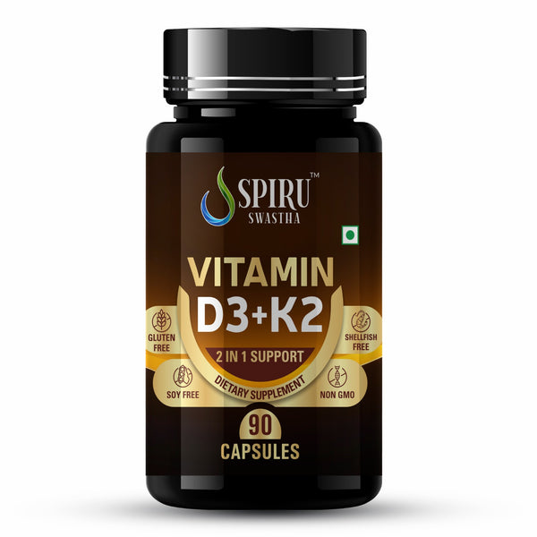 Spiru Swastha India Vitamin D3 K2 Supplement | D3 + K2 Capsule for Bone Density & Cardiovascular Support | Vitamin D3 Capsules with K2 MK7 (Menaquinone) | High-Potency Plant-Based Formula – 180 Veg Capsule